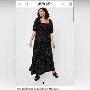 Plus Size Black Shirred Tie Back Spotty Black Maxi Dress